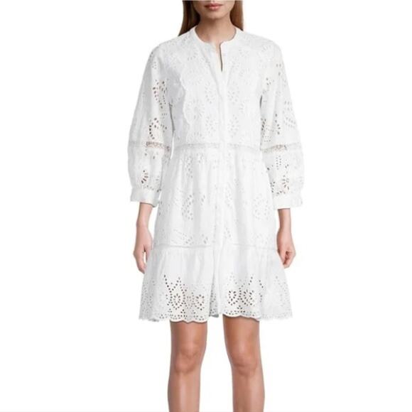 New KOBI HALPERIN Dress ~M White Cotton Eyelet Lace Button Long-sl Lined “Hailey